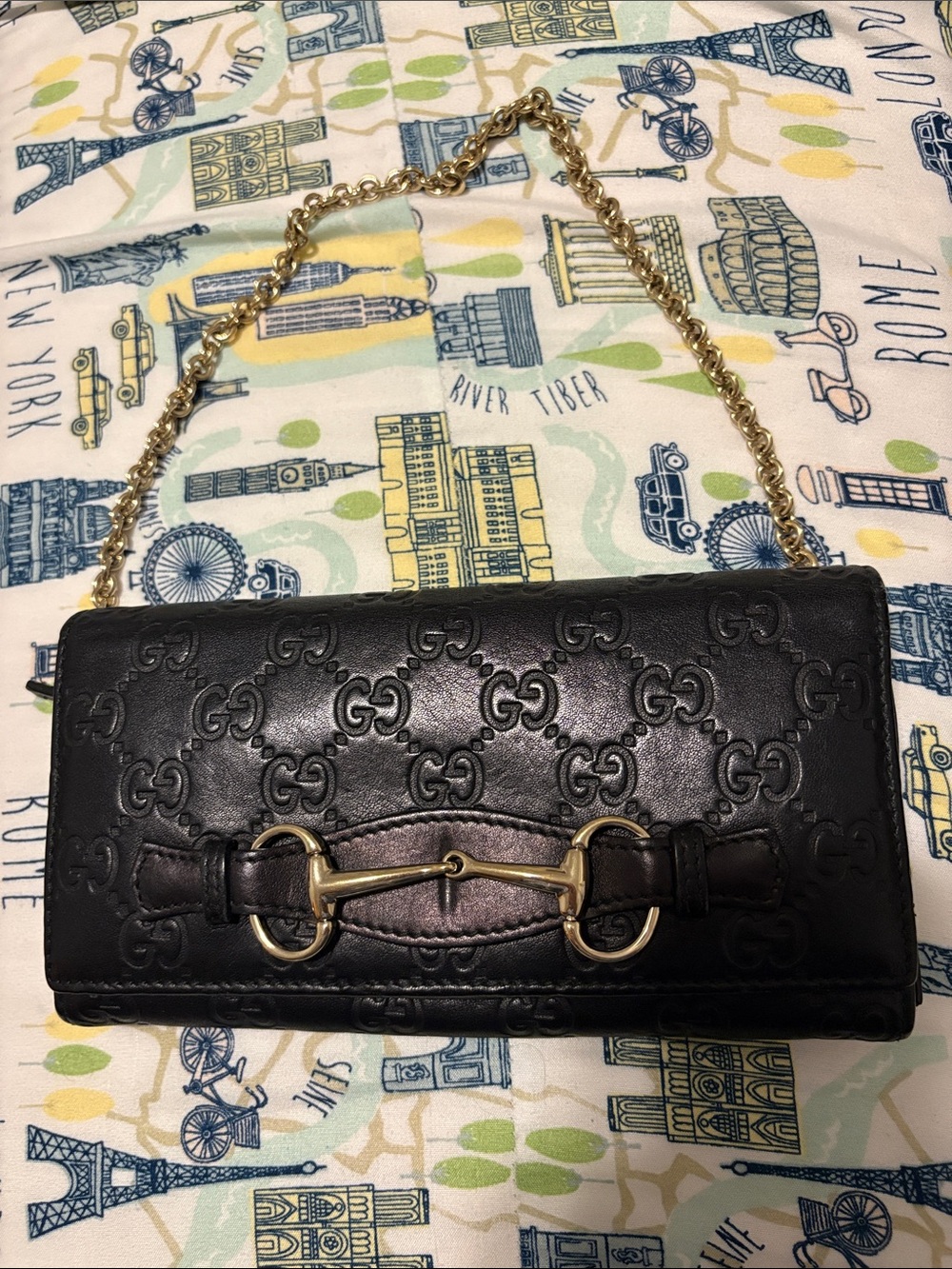 Gucci Black Embossed GG Leather Clutch with Gold Horsebit Chain